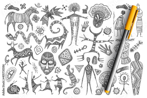 Ancient African symbols doodle set. Collection of hand drawn masks, dancing men, animals, reptiles, holy symbols, gods and signs isolated on transparent background. Illustration of Ancient Africa