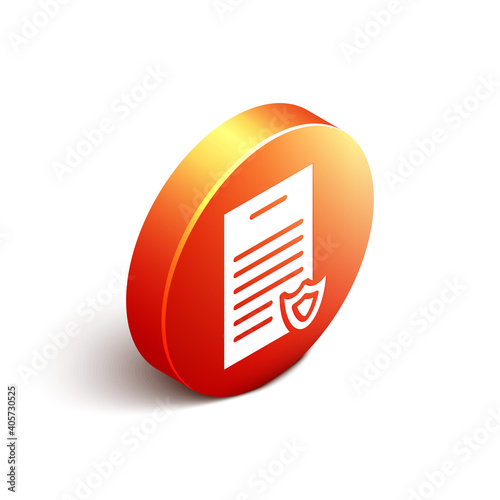 Isometric Firearms license certificate icon isolated on white background. Weapon permit. Orange circle button. Vector.