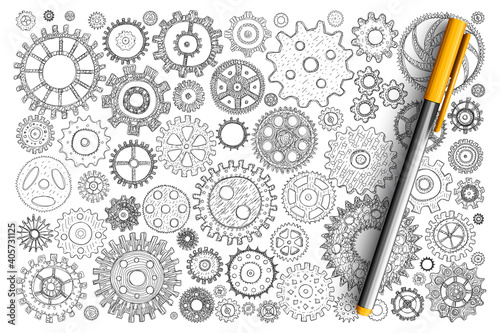 Engineering gears and wheels doodle set. Collection of hand drawn industrial gears engines for launching mechanisms of different sizes isolated on transparent background. Illustration of mechanicals