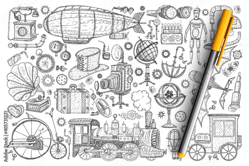 Retro vintage innovations doodle set. Collection of hand drawn vintage lamps, accessories, decorations, trains, robots, wheels, cameras, umbrella, spyglass isolated on transparent background
