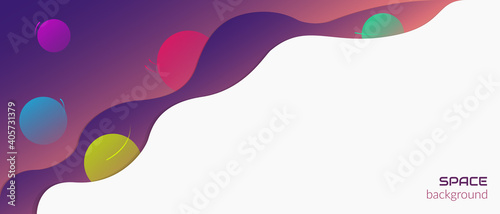 Vector abstract background. Concept, space, infinite universe. Dark background with fluid objects, stars and planets. Web banner design template with meta for text. Copyspace.