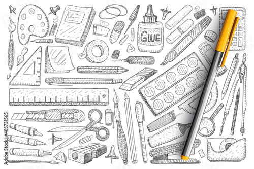 Objects for creative hobby doodle set. Collection of hand drawn glue, paper, collars, brush, scissors, ruler, compass, tools for drawing and creating with hands isolated on transparent background