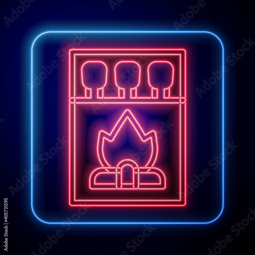 Glowing neon Open matchbox and matches icon isolated on blue background. Vector.