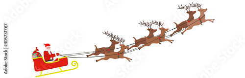 Santa Claus rides a reindeer sleigh and flies in the Christmas night sky with a gift. isolated material, web, greeting card, no background