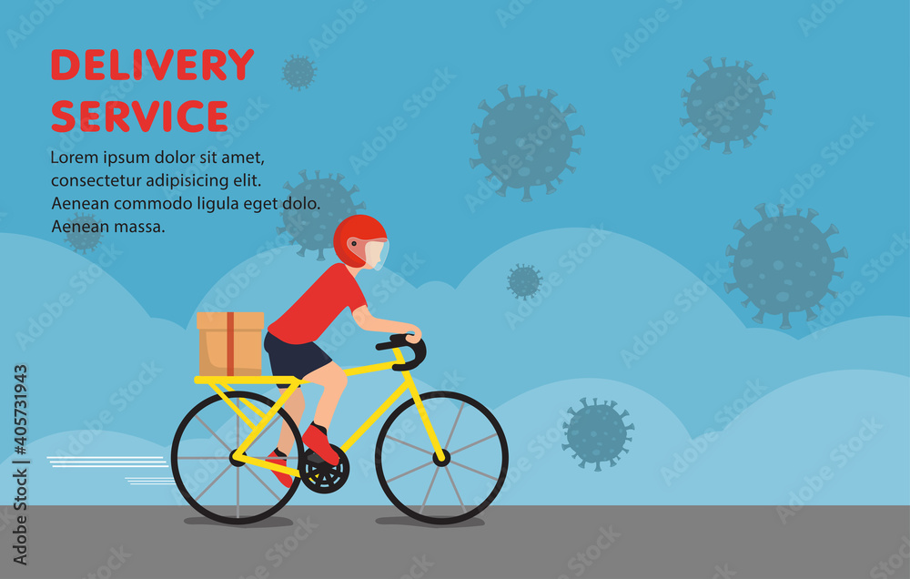 The food delivery staff ride bicycle to deliver food in coronavirus quarantine in the city.Corona virus, quarantine delivery. The food delivery staff ride bicycle to deliver food in coronavirus quarantine in the city.Corona virus, quarantine delivery.