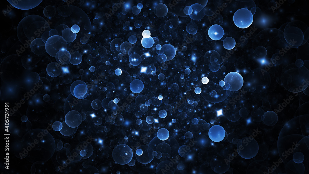 Abstract holiday background with blue sparks and drops. Fantastic light effect. Digital fractal art. 3d rendering.