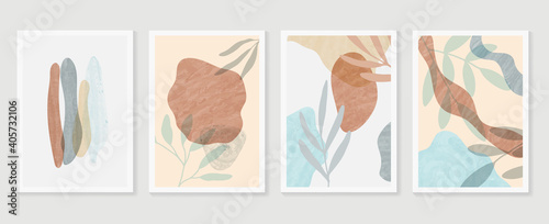 Botanical wall art vector set. Earth tone boho foliage line art drawing with abstract shape. Abstract Plant Art design for wall framed prints, canvas prints, poster, home decor, cover, wallpaper.