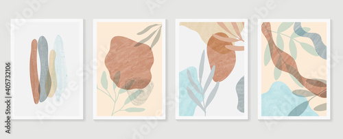 Botanical wall art vector set. Earth tone boho foliage line art drawing with  abstract shape.  Abstract Plant Art design for wall framed prints, canvas prints, poster, home decor, cover, wallpaper.