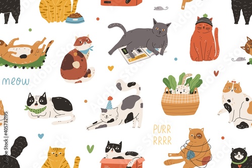 Seamless pattern with cute funny cats playing and sleeping on white backdrop. Design of endless repeating texture for printing and decoration. Childish colorful flat vector illustration