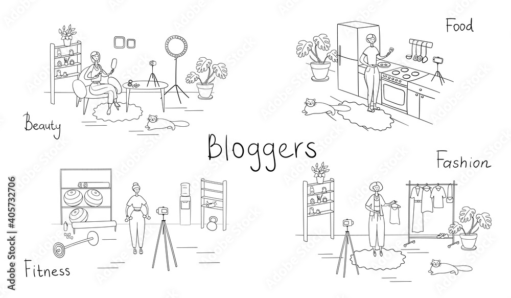 Set of bloggers and vloggers characters making internet content. Peoples creating video for their blog channel. Influencers shooting vlog. Vector cartoon illustration Set of bloggers and vloggers characters making internet content. Peoples creating video for their blog channel. Influencers shooting vlog. Vector cartoon illustration