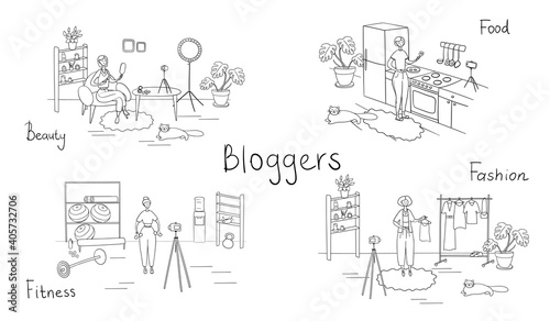 Set of bloggers and vloggers characters making internet content. Peoples creating video for their blog channel. Influencers shooting vlog. Vector cartoon illustration