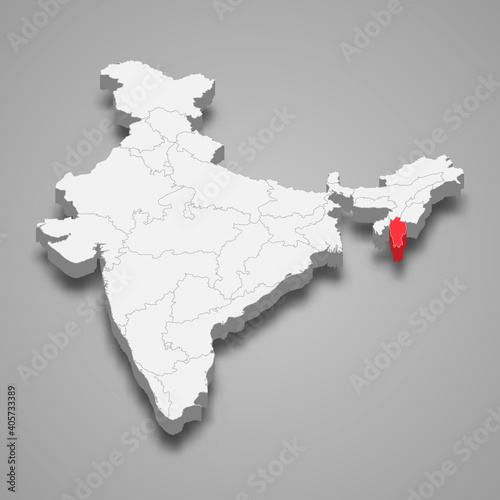 Mizoram state location within India 3d map