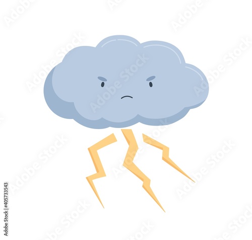 Angry and frowned cloud with lightning strikes or thunderbolts. Cute thunder storm weather icon with funny childish character. Colored flat vector illustration isolated on white background