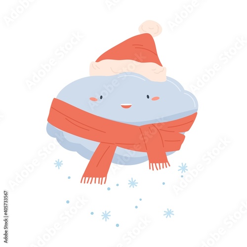 Cute happy cloud in scarf and red Santa hat with falling snowflakes. Snow and...