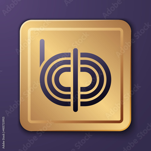 Purple Climber rope icon isolated on purple background. Extreme sport. Sport equipment. Gold square button. Vector.