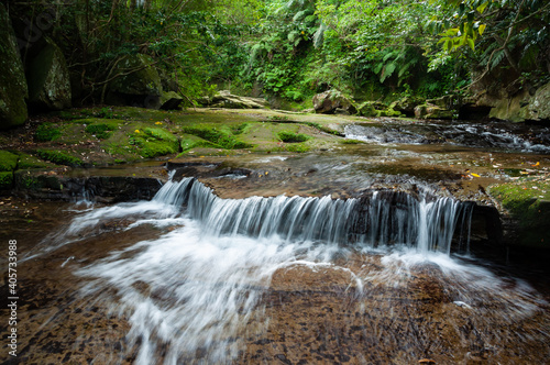 Top of the Pinaisara waterfall, beautiful tiny fall, lush vegetation and rock formations. Iriomote island.