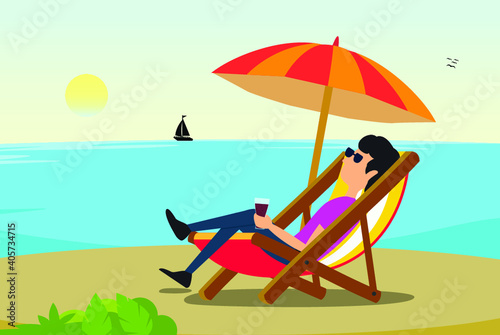 Man relaxing on beach holiday concept vector design