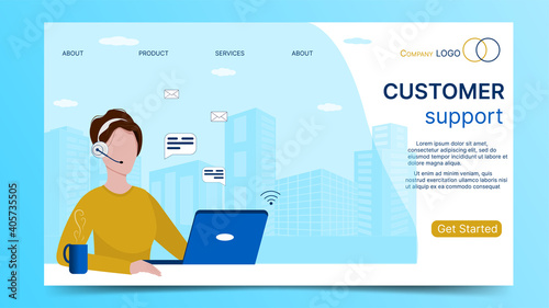 Template design for website and application. Female call center customer service agent with headphone, microphone and computer. Online customer support concept. Vector