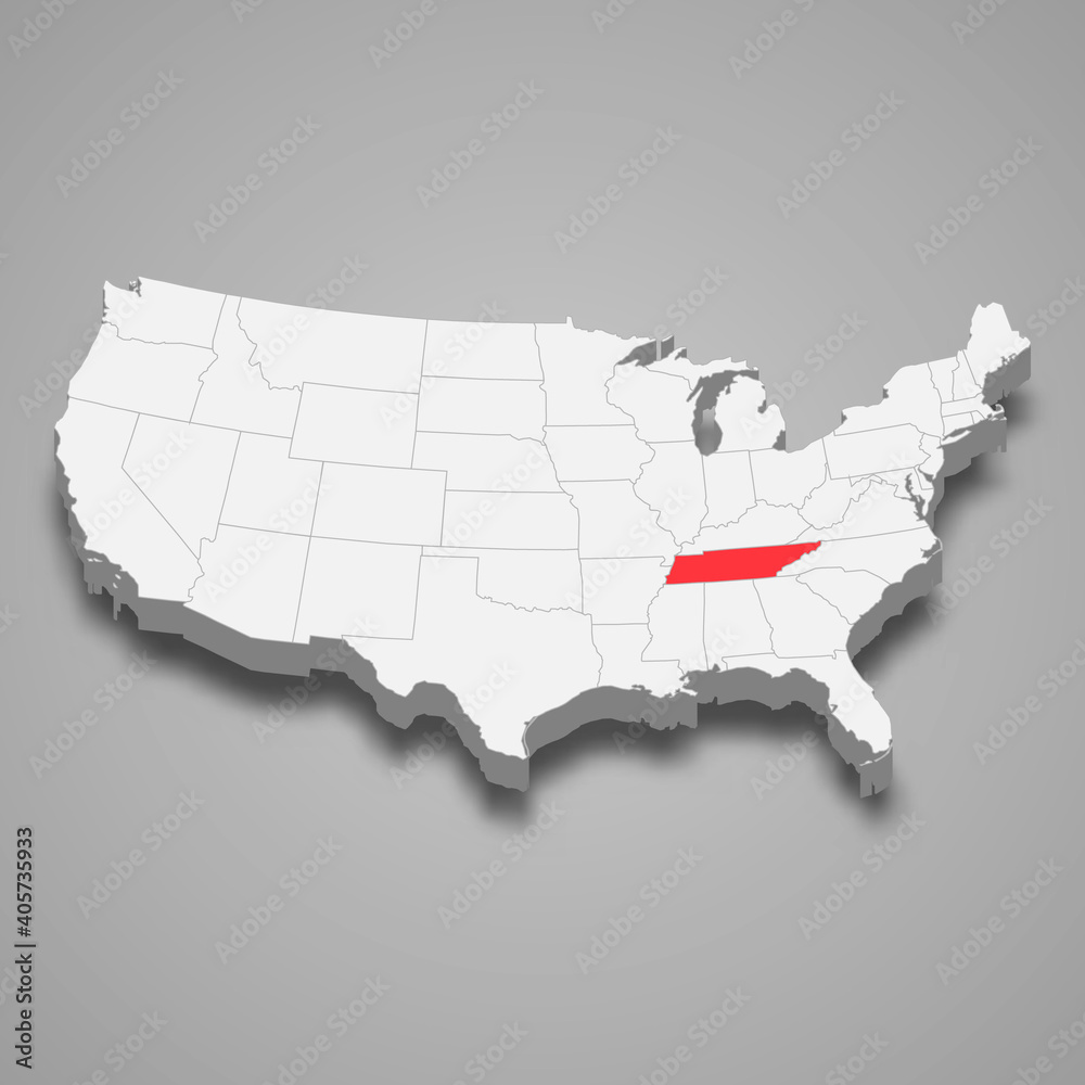 Tennessee state location within United States 3d map