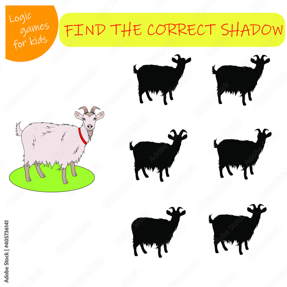 game for kids find the right shadow. Find a shade for your animal. Goat. Vector illustration isolated on a white background