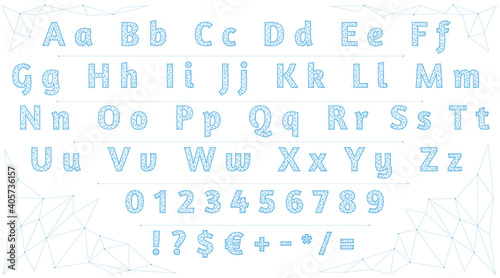Polygonal font. Low poly letters, numbers and signs. Alphabet created with lines and dots. Alphabet made of lines and dots on a white background.