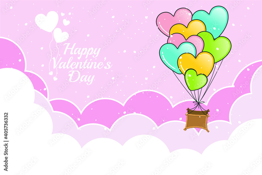 Happy Valentine, flying air balloon with heart decoration