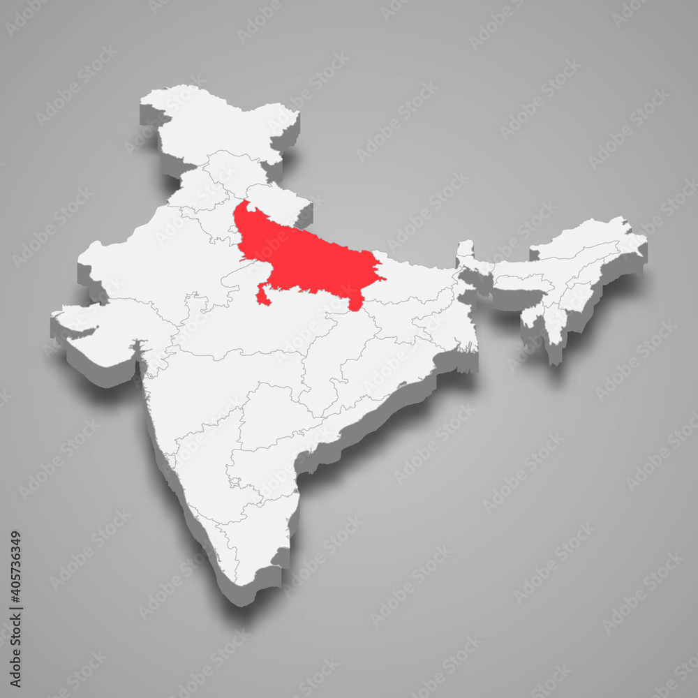 Uttar Pradesh state location within India 3d map