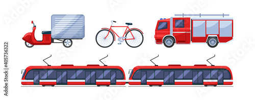 Urban transport set. Public transportable vehicle cars transport: scooter, motor scooter, motorcycle, bicycle, tram, fire-engine car cartoon vector