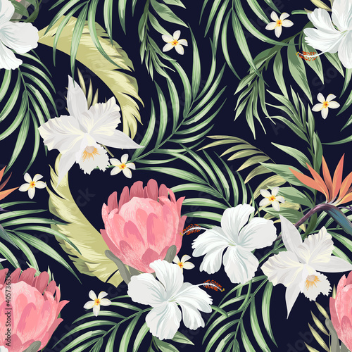 Tropical vector pattern with hibiscus  orchid  palm leaves.Exotic style. Seamless botanical print for textile  print  fabric on dark background