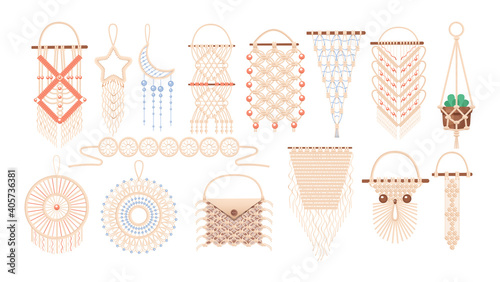 Macrame wall hanging design, braided decorative ornaments. Boho, ethnic handmade knitted pattern. Knitted jewelry and home accessories isolated on white background