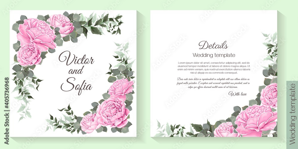 Floral template for wedding invitation. Pink peonies, green plants and flowers	
