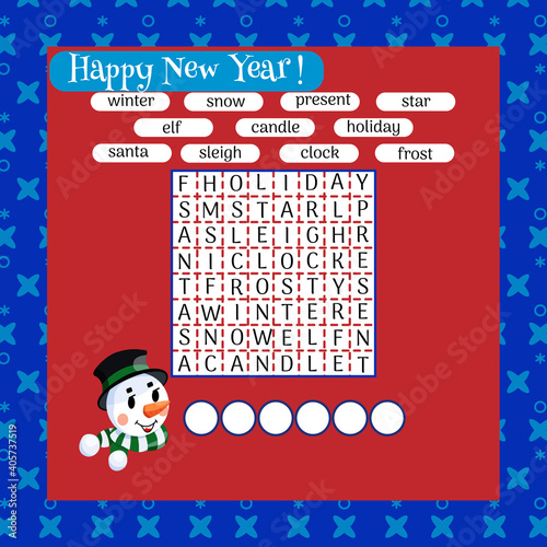 Color crossword, education game for children about Christmas and winter simbols.