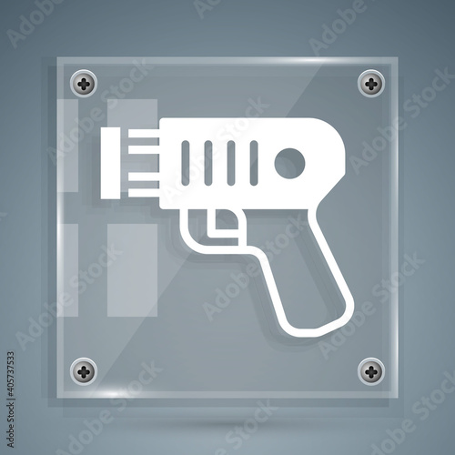 White Police electric shocker icon isolated on grey background. Shocker for protection. Taser is an electric weapon. Square glass panels. Vector.
