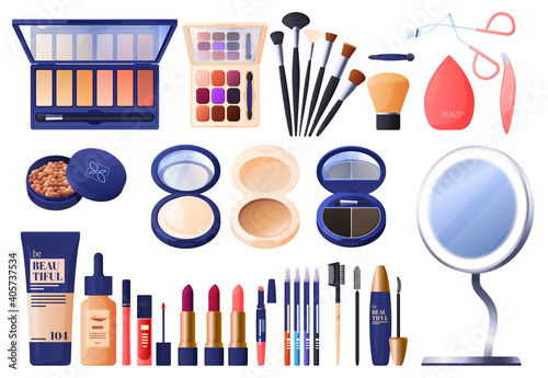 Set for makeup, shadows, powder, various brushes, mascara, lipstick, foundation, eyelash clip. Vector illustration