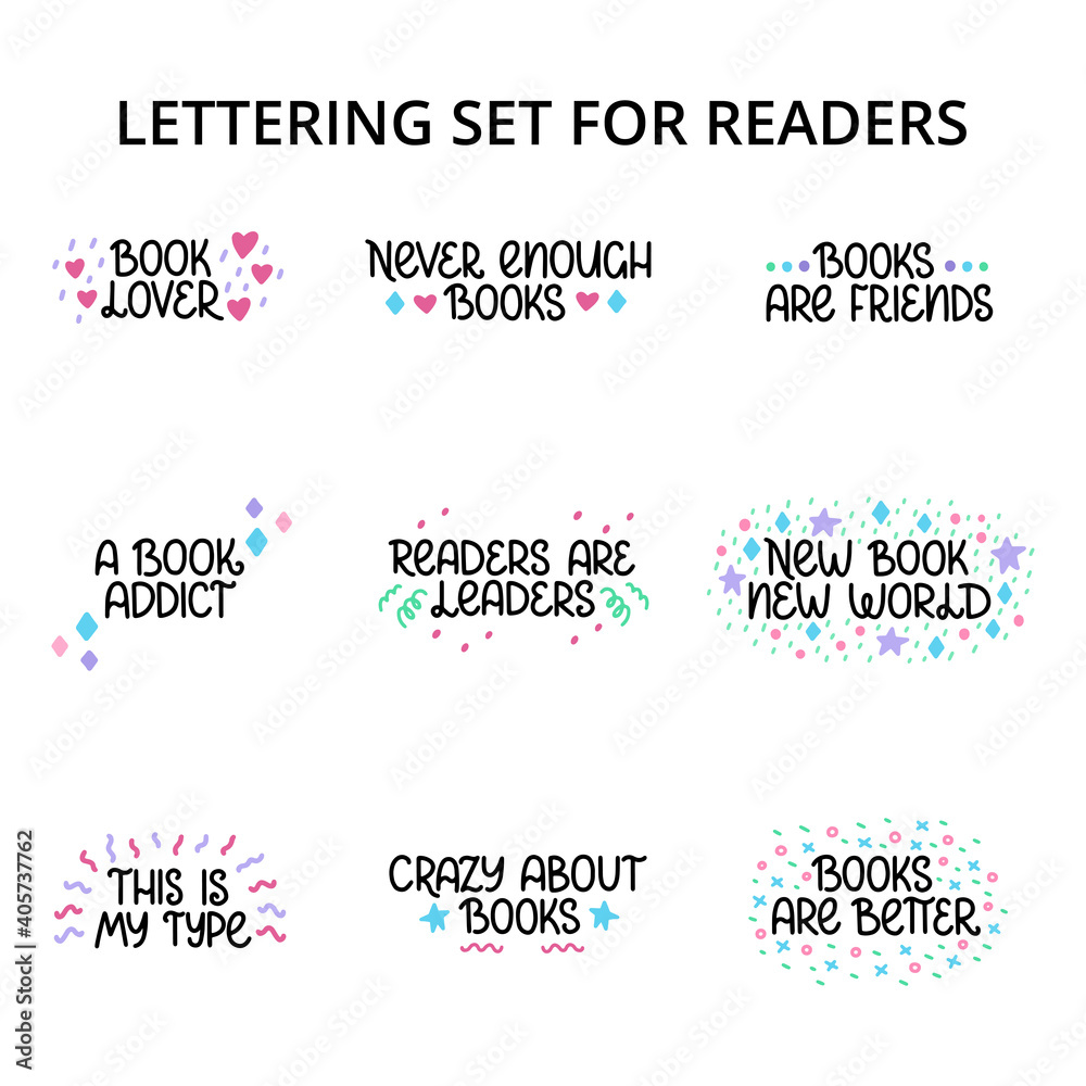 Fototapeta premium Cute vector hand lettering set for book lovers and readers. Books, magic, stars. Vector template for card, postcard, banner, poster, sticker and social media
