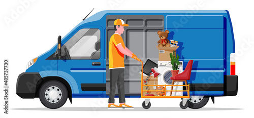 Delivery van full of home stuff inside. Moving to new house. Family relocated to new home. Boxes with goods. Package transportation. Computer, lamp, clothes, books. Flat vector illustration