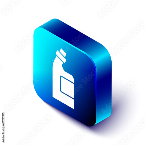 Isometric Plastic bottle for laundry detergent, bleach, dishwashing liquid or another cleaning agent icon isolated on white background. Blue square button. Vector.