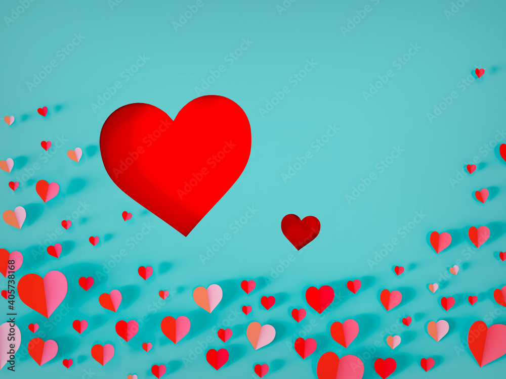 Heart shaped paper elements flying on custom color background, two large hearts cut out the background, 3d Render