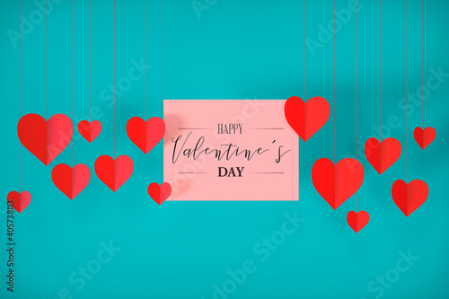 Valentines day , Red hanging heart with lettering , paper art style, 3d Render