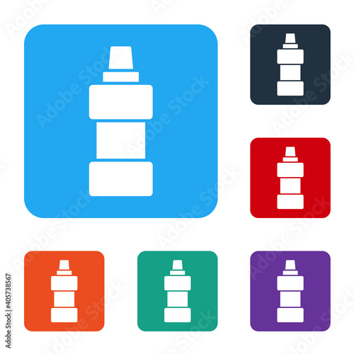 White Plastic bottle for laundry detergent, bleach, dishwashing liquid or another cleaning agent icon isolated on white background. Set icons in color square buttons. Vector.