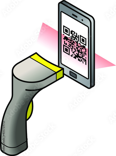 A barcode scanner scanning a QR code on a mobile/cellular phone screen.