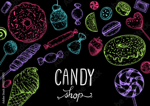 Set of sweets. Hand drawn vector illustration. Candies set. Vector illustration in neon style. Sketch illustration.