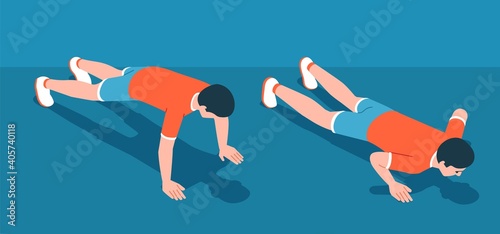 Athletic floor push-up workout. Man pushing up from the floor. Bodyweight training. Vector isometric illustration.