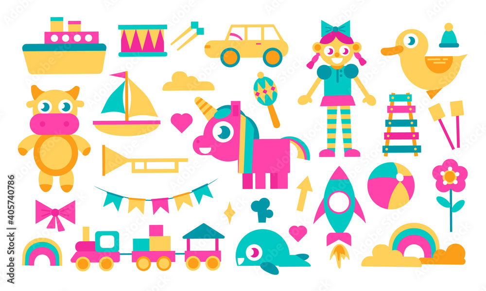 Obraz premium Doll, cow, unicorn, transport and so on. Bright cartoon set of kids toys isolated on white. Collection for educational game design for childrens, shop set. Toys clipart. Vector stock illustration