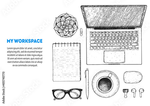 Office desk table top view sketch. Workspace with laptop, notebook, coffee cup, plant, pencil, pen, glasses, headphones. Hand drawn vector illustration. Business concept.