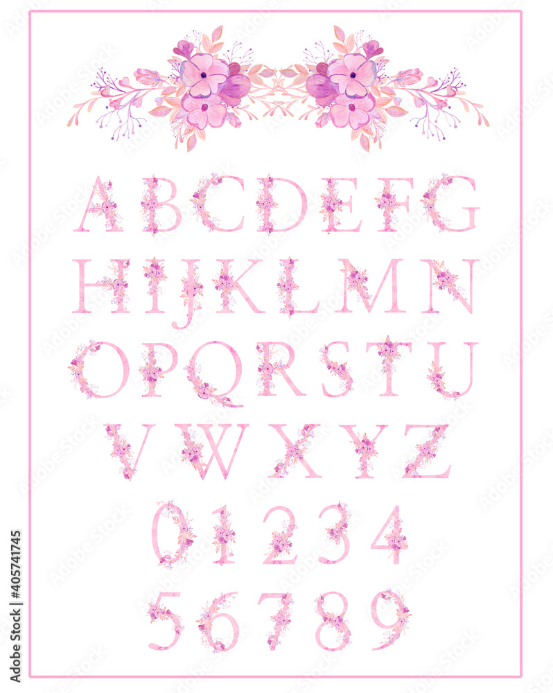 Wedding, delicate watercolor alphabet in pink and lilac colors with numbers. Clipart for decor. Valentine's day.
