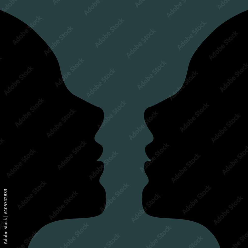 Vector illustration of two young girl black silhouette faces making a vase shape optical negative space illusion. Beautiful girl face contour