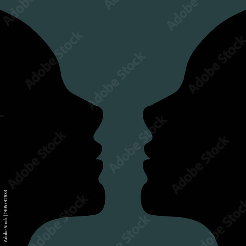Vector illustration of two young girl black silhouette faces making a vase shape optical negative space illusion. Beautiful girl face contour