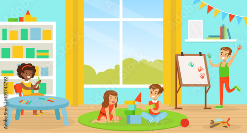 Cute Boys and Girls Playing, Learning and Drawing in Kindergarten or School, Early Development Concept Cartoon Vector Illustration