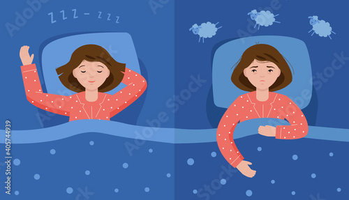Two scenes with normal sleep and insomnia. A girl in pink pajamas lies in bed and cannot sleep. Insomnia concept. Woman counting sheep to sleep.